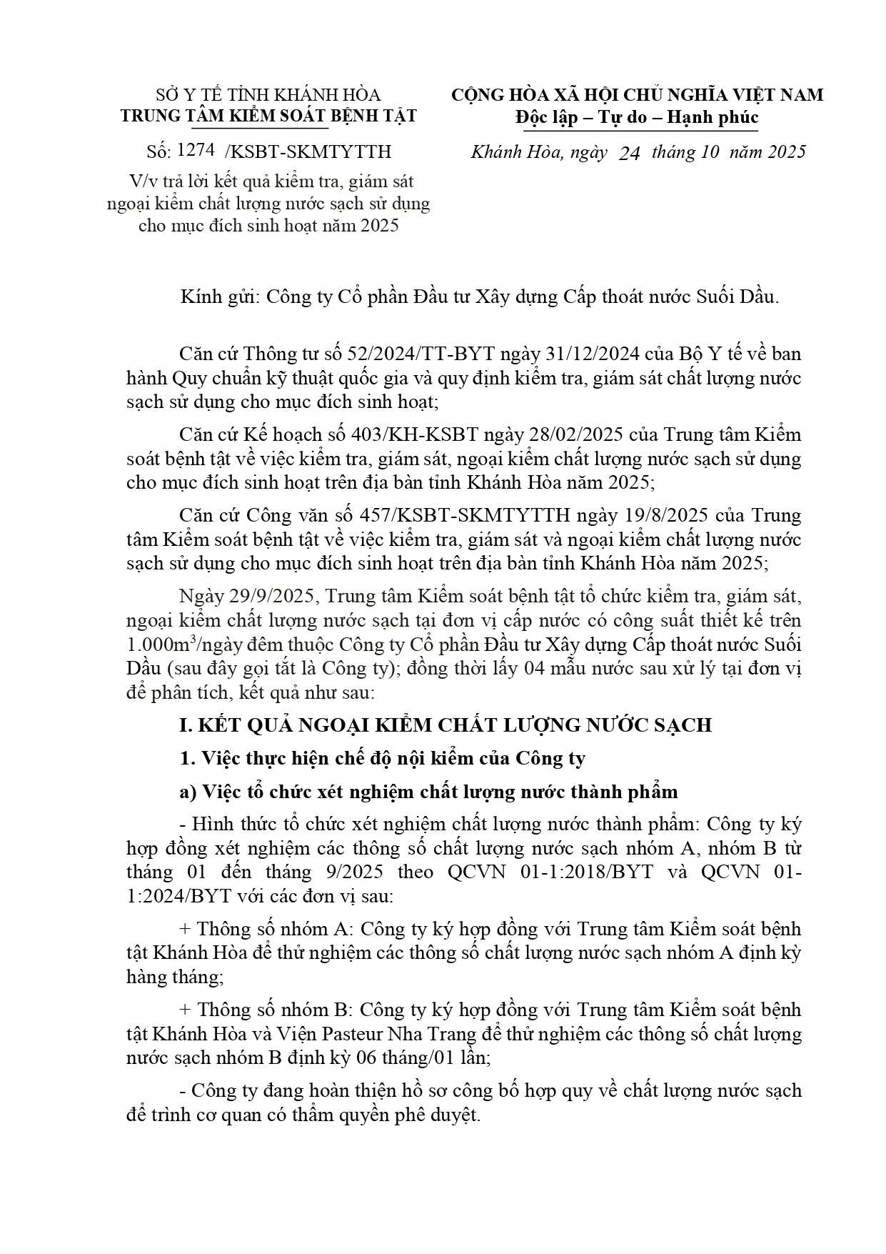 V/v trả lời kết quả kiểm tra, giám sát ngoại kiểm chất lượng nước sạch sử dụng cho mục đích sinh hoạt năm 2025